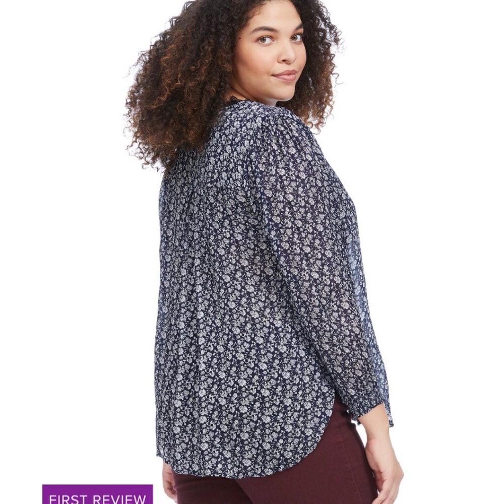 Embroidered Printed Navy Popover Top